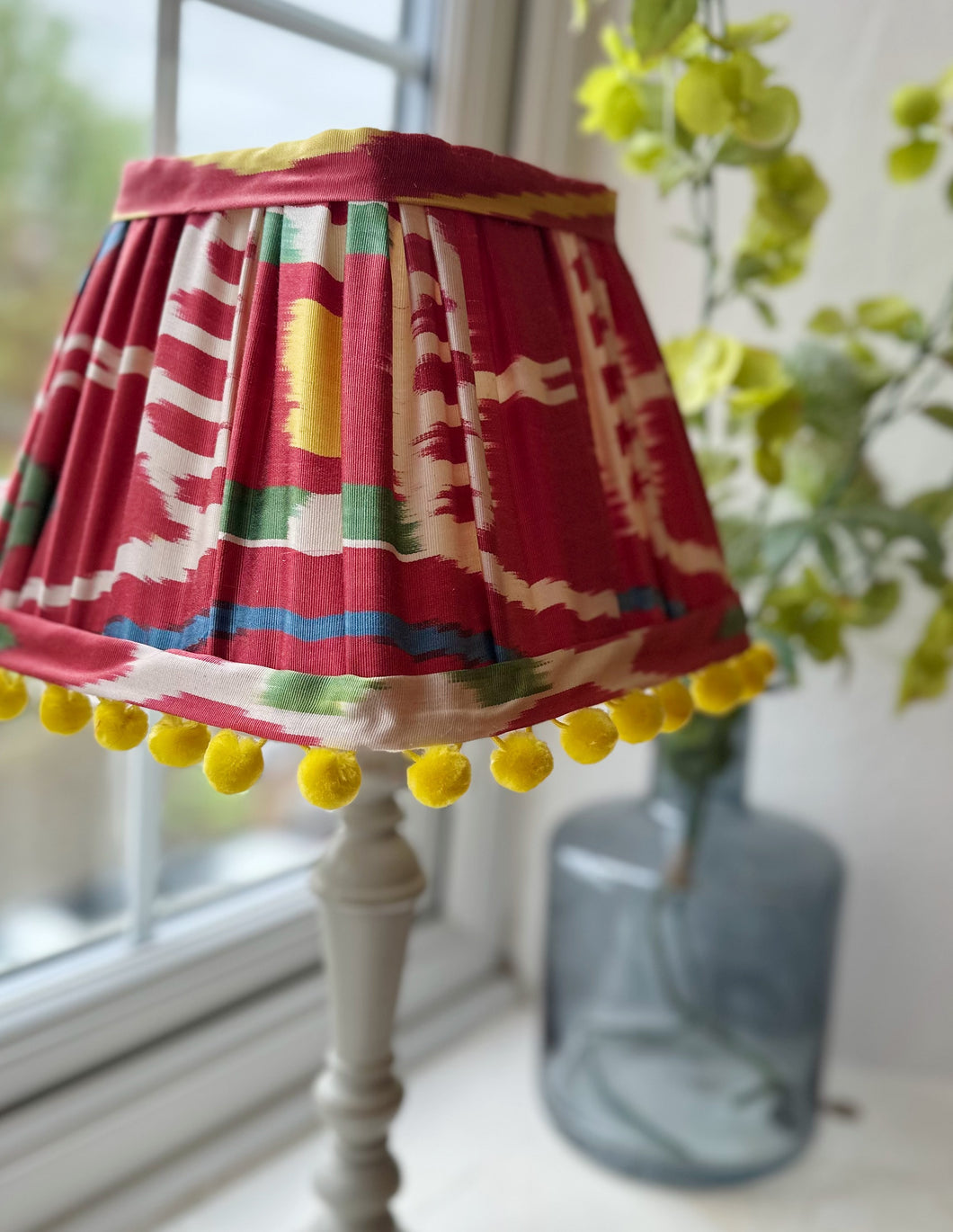 26cm Pleated Red Ikat Silk Lampshade - Red, Green & Yellow Pom Poms