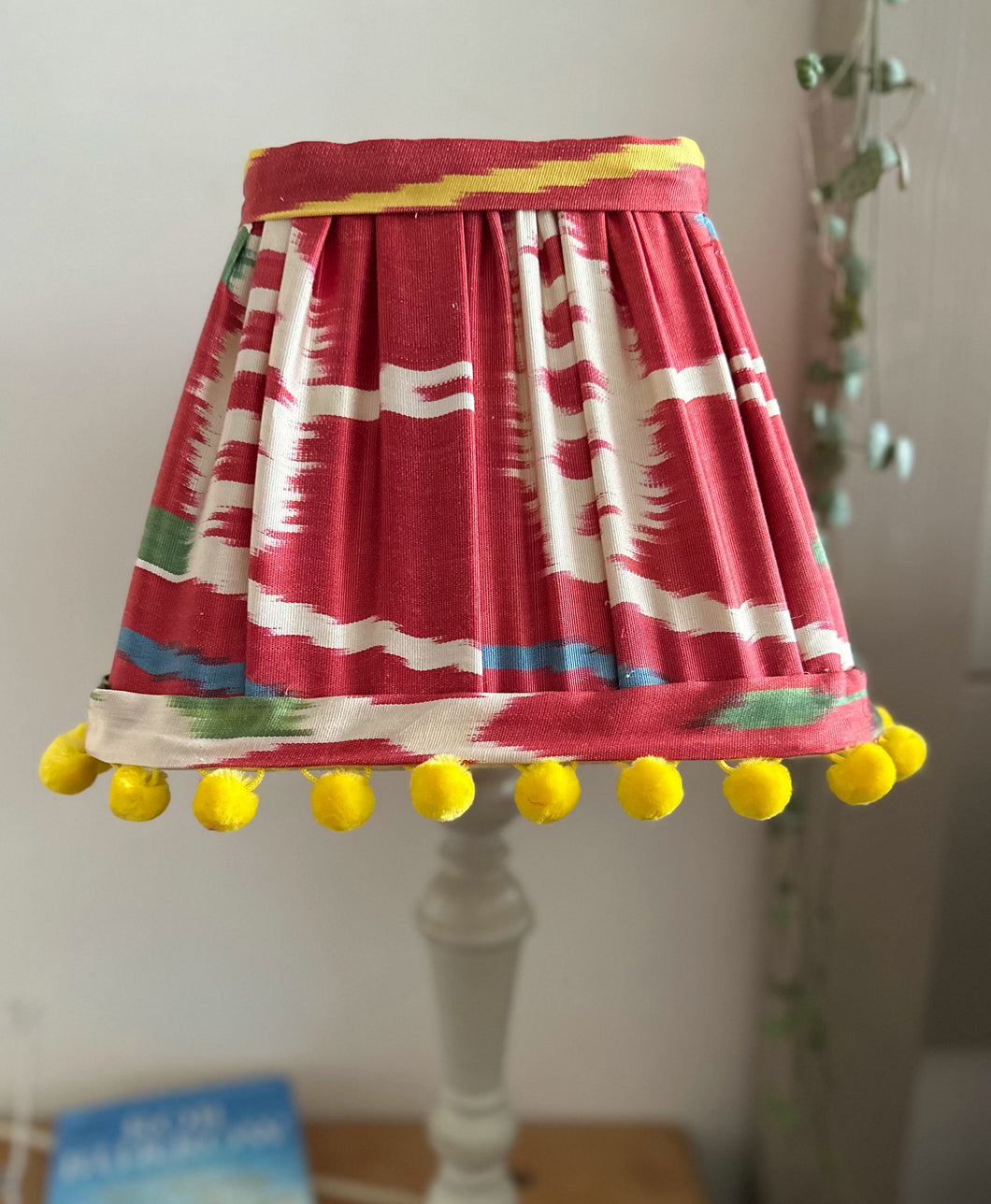 26cm Silk Ikat Pleated Lampshade - Red, Green & Yellow Pom Pom Trim