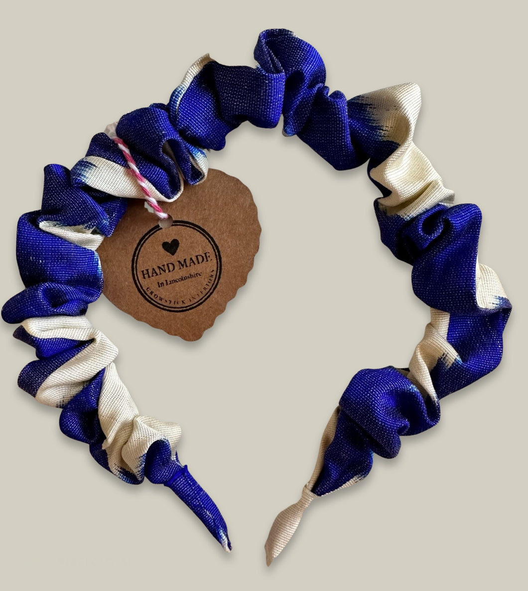 Small Ikat Silk Scrunchie Headband - Cobalt Blue