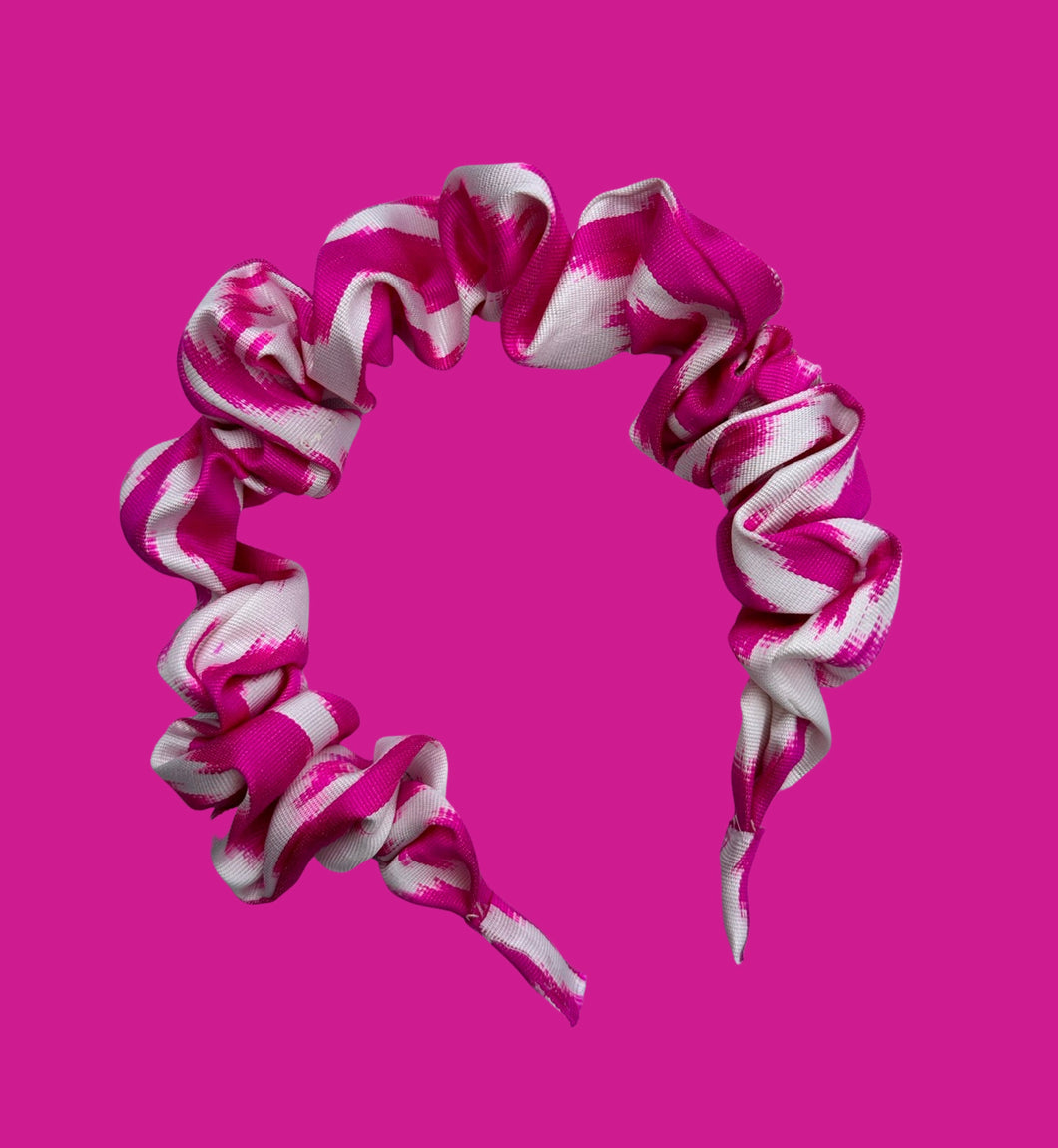 Ikat Silk Scrunchie Headband - Barbie Pink & White