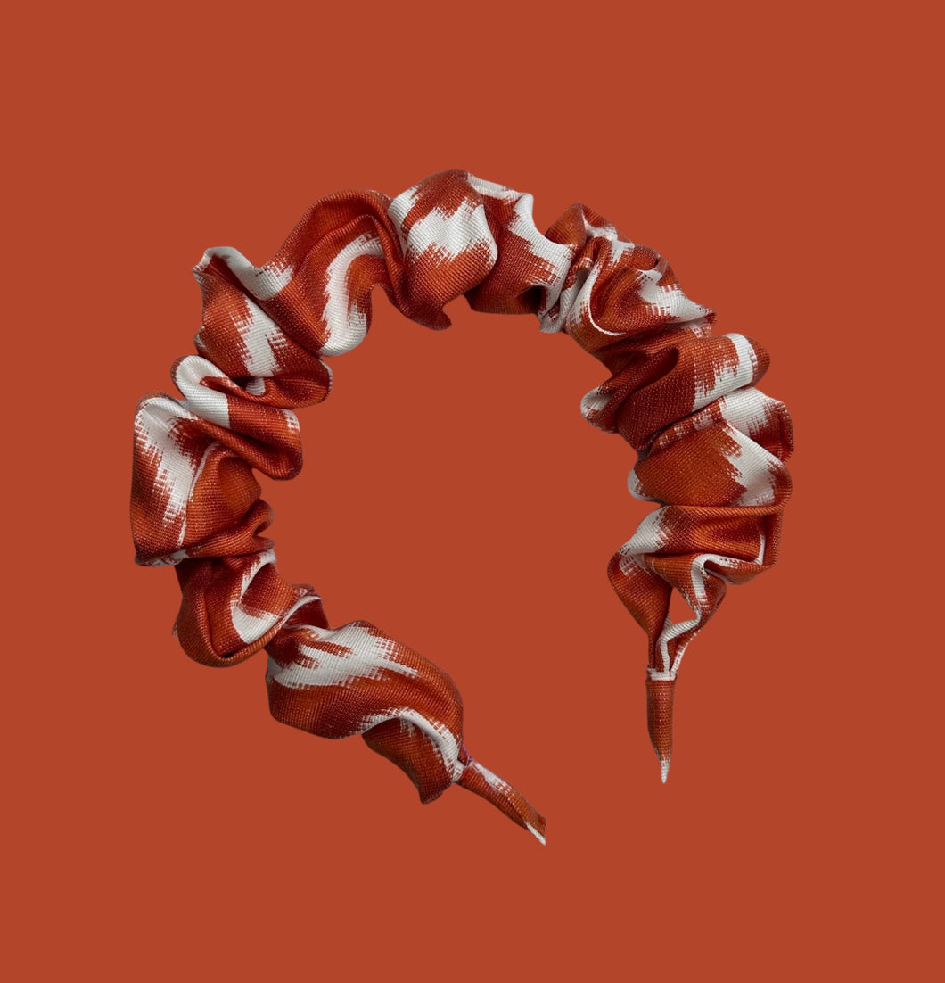 Ikat Silk Scrunchie Headband - Orange & White