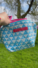 Load and play video in Gallery viewer, Wash Bag - Hand Block Printed Blue with Pink Zip
