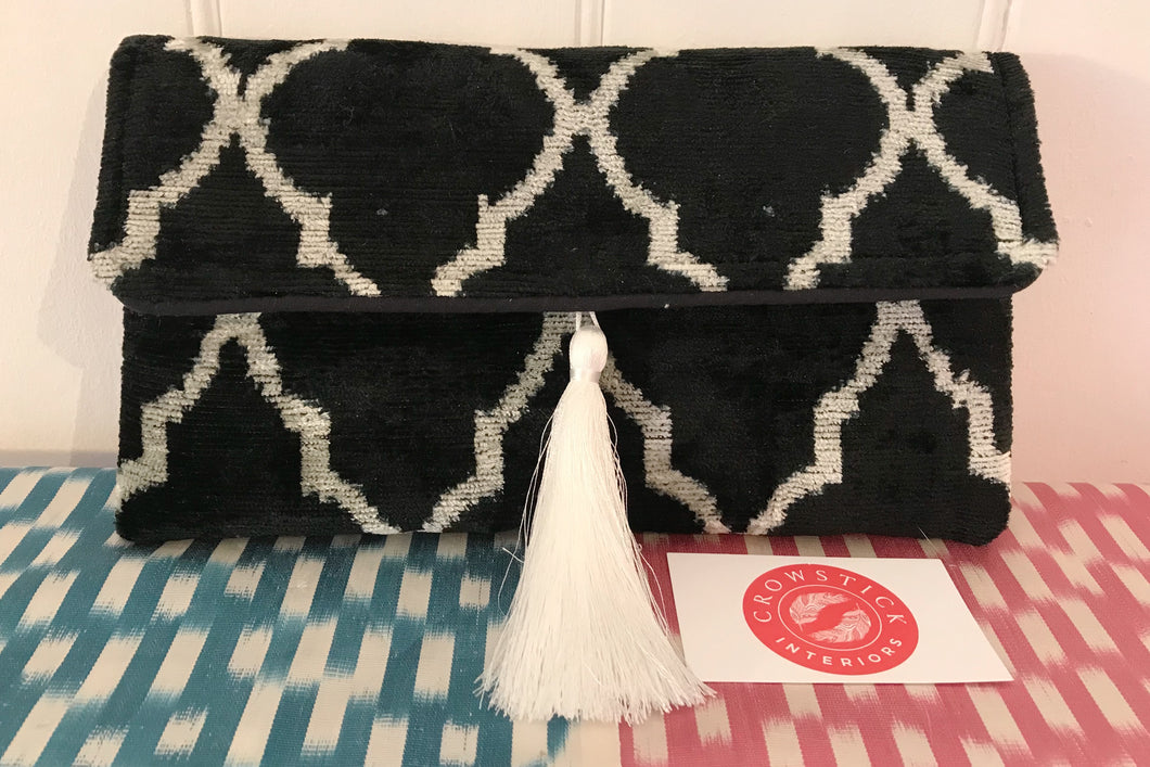 Black & White Velvet Ikat Clutch Bag