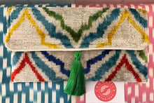 Load image into Gallery viewer, Beige, Yellow, Red, Blue &amp; Green Velvet Ikat Clutch Bag
