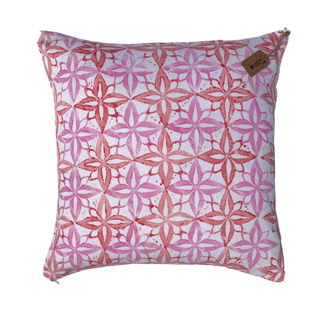 Hand Block Printed Cotton Cushion in Pinks - 50 x 50cm