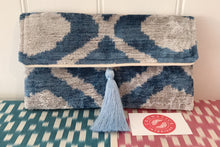 Load image into Gallery viewer, Light Blue &amp; Grey Velvet Ikat Clutch Bag
