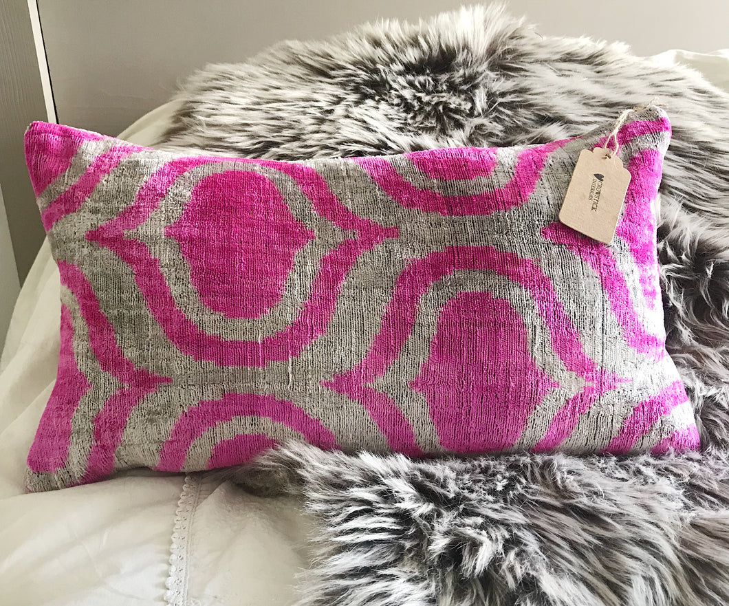 Velvet Pink Lumbar Ikat Cushion - 28 x 50cm