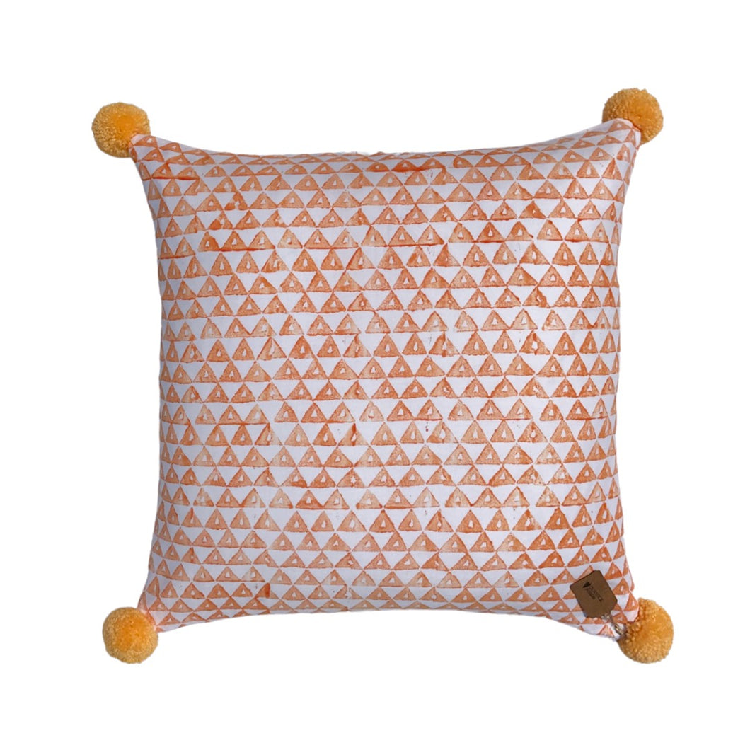 Hand Block Printed Pom Pom Cushion - Orange - 50 x 50cm