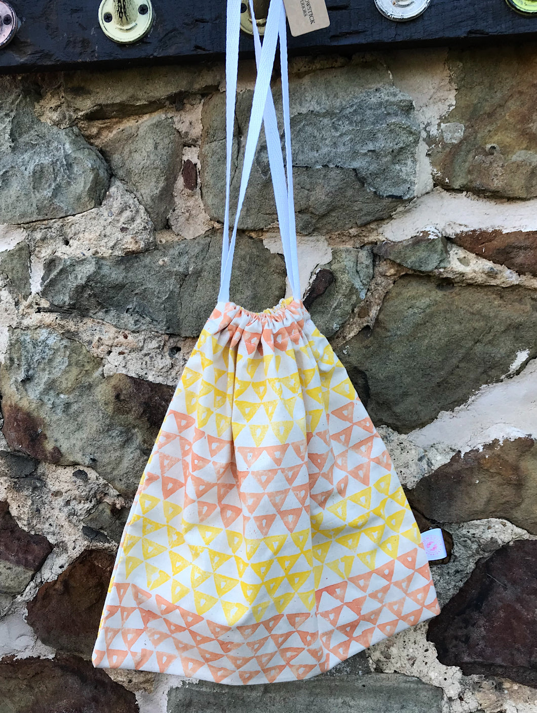 Hand Block Printed, Yellow & Orange Drawstring Bag - Large