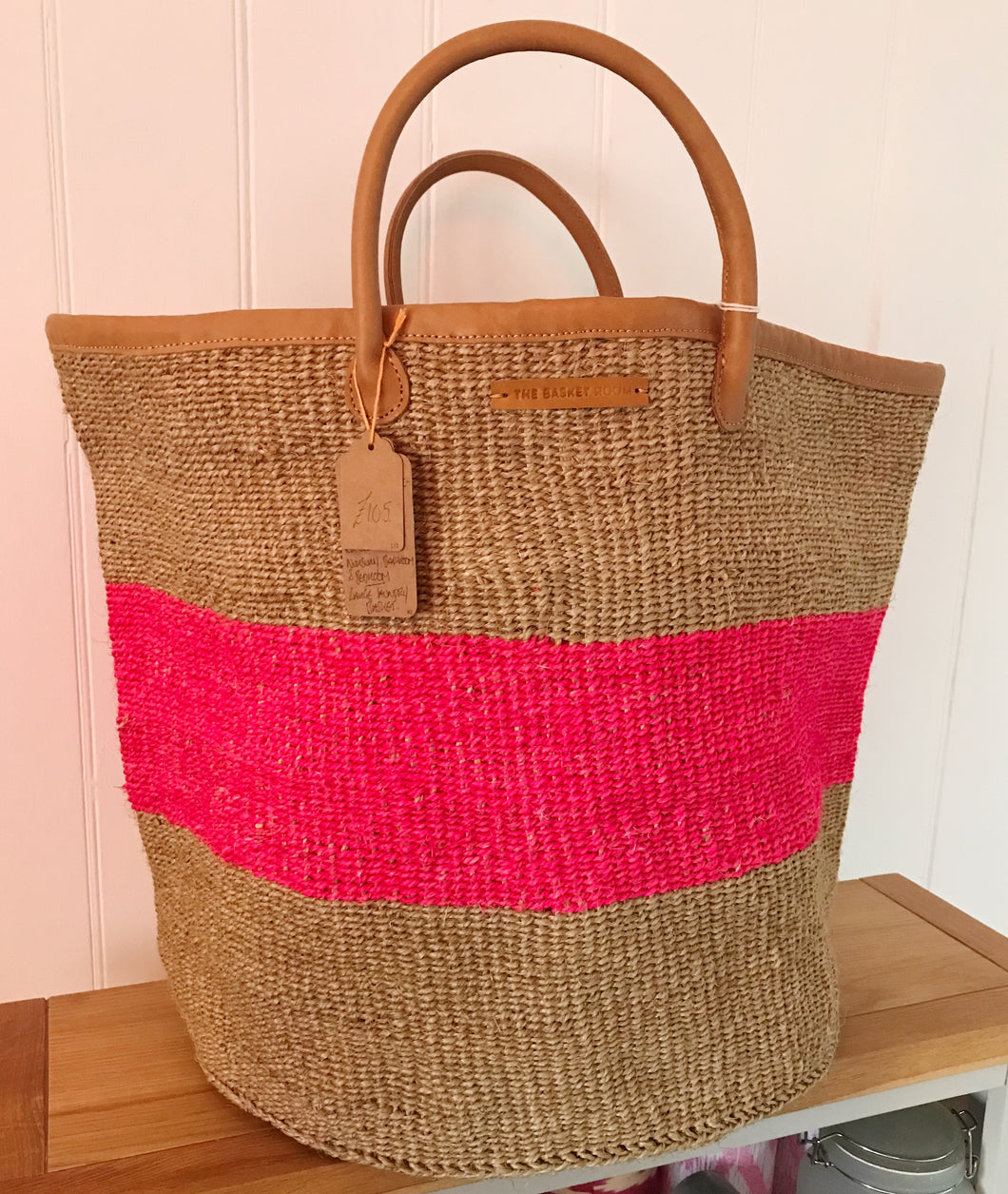 Woven Laundry Basket in Natural & Pink Stripe