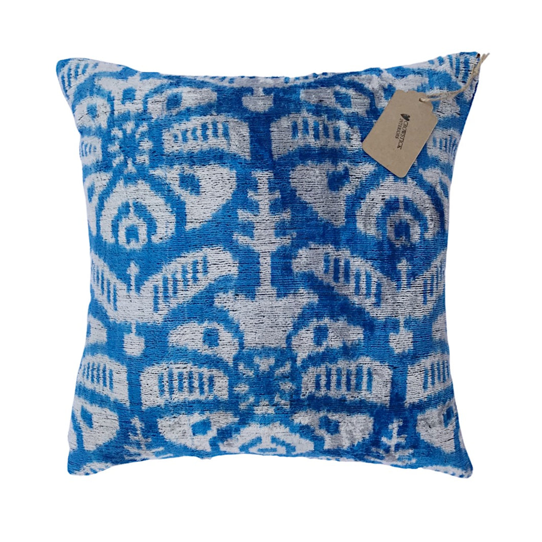 35cm x 35cm Blue Velvet Silk Ikat Cushion