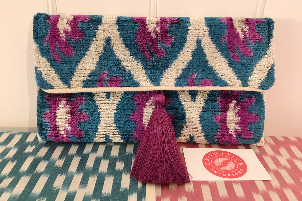 Blue & Purple Velvet Ikat Clutch Bag