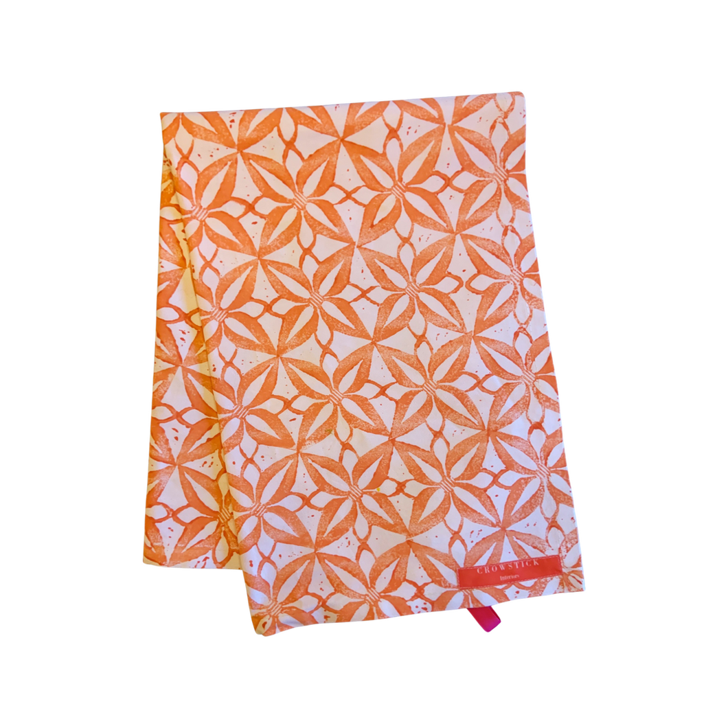 Cotton Tea Towel - Coral Orange Hand Printed