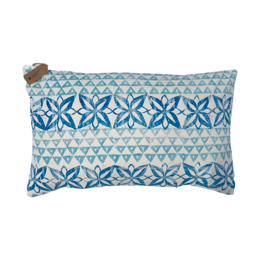 Hand block Printed Royal Blue & Sky Blue Dahlia & Peony - 50 x 30cm Lumbar Cushion
