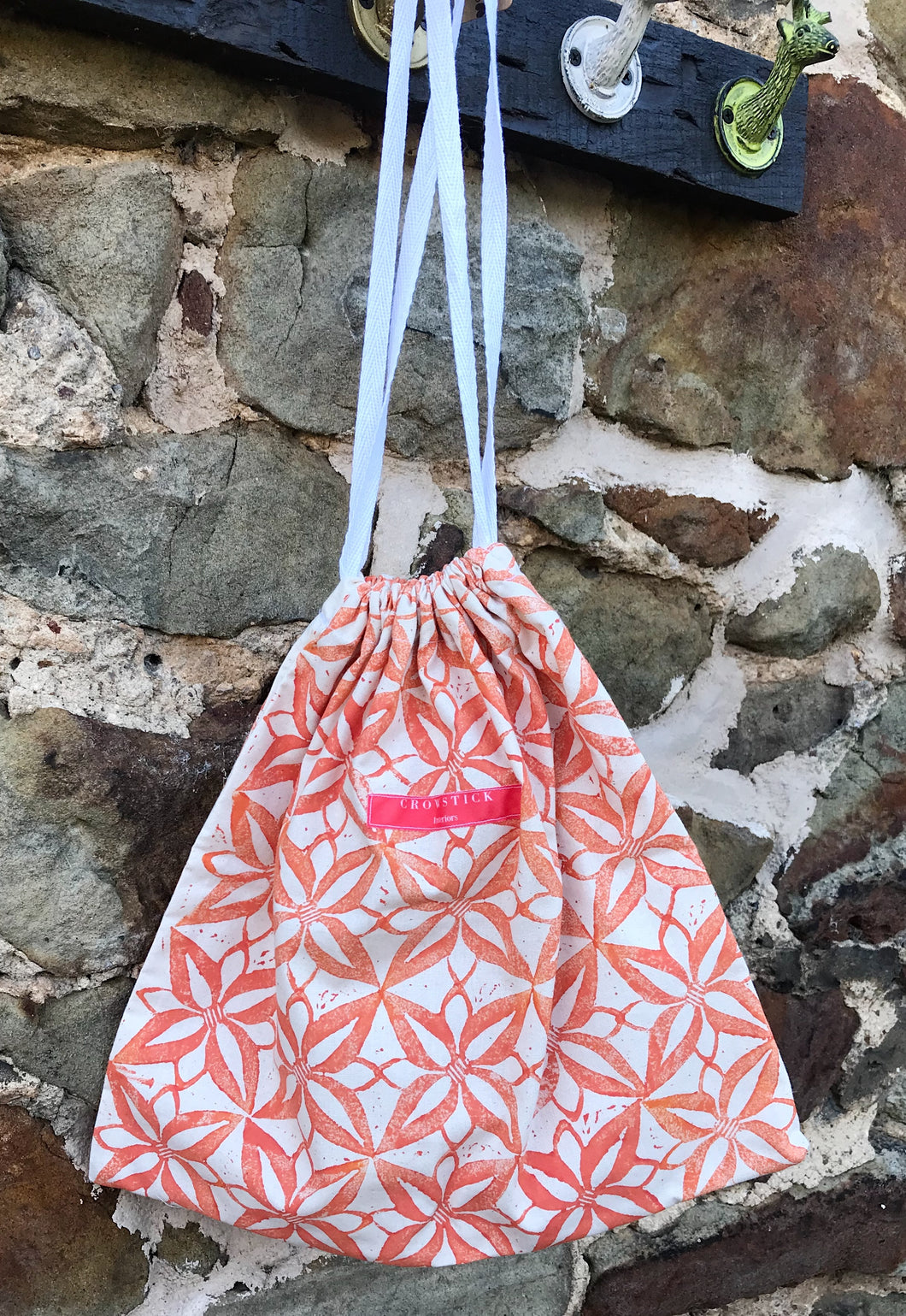 Hand Block Printed, Deep Orange Drawstring Bag - Large