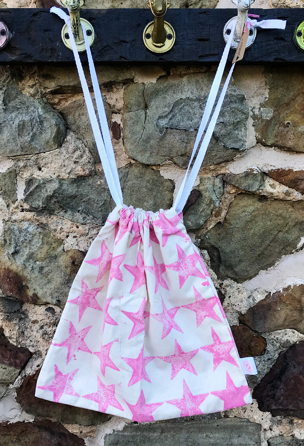 Hand Block Printed, Pink Star Drawstring Bag - Large