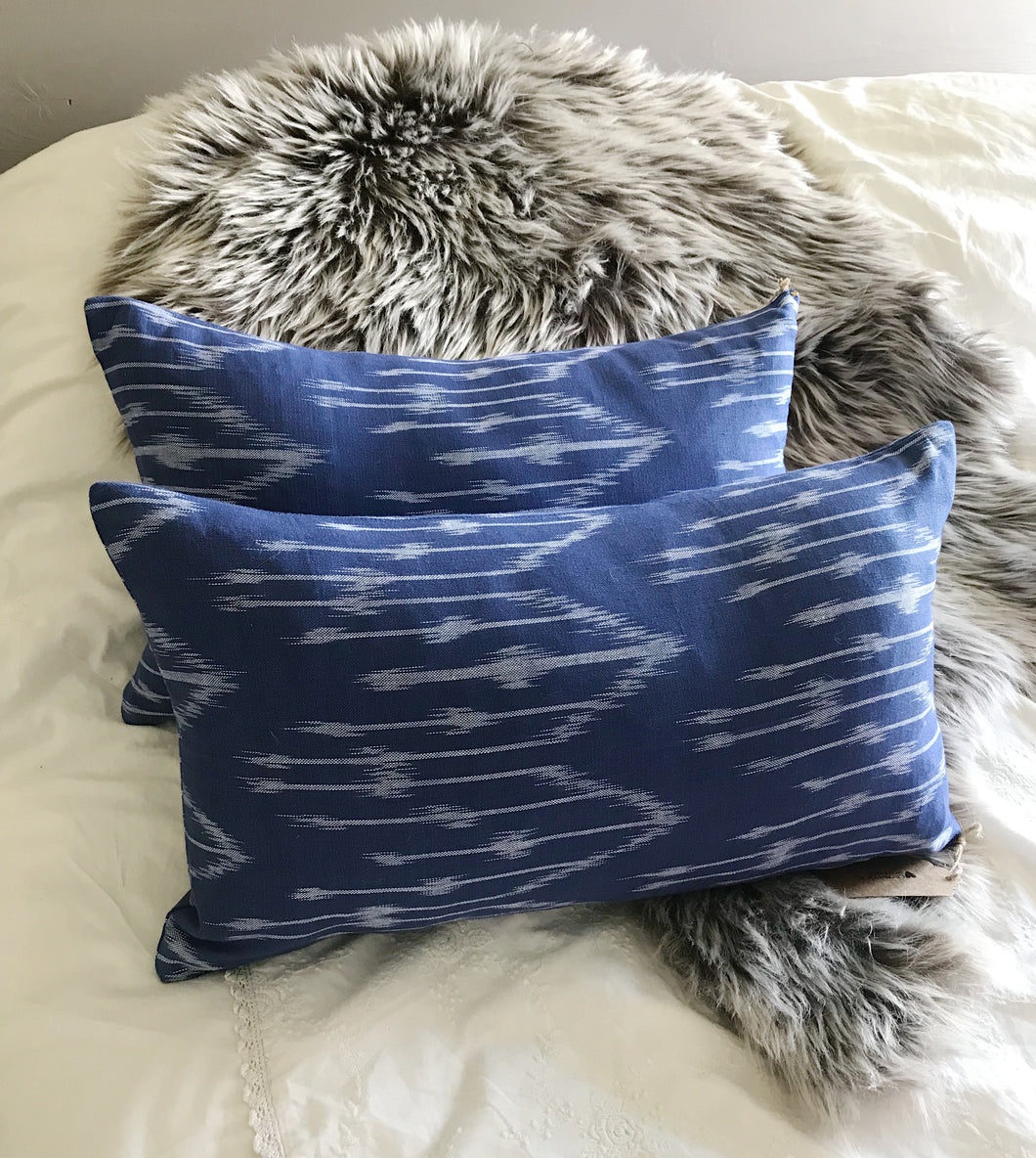 45cm x 28cm Blue Ikat Cotton Lumbar Cushion