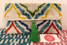Load image into Gallery viewer, Beige, Yellow, Red, Blue &amp; Green Velvet Ikat Clutch Bag
