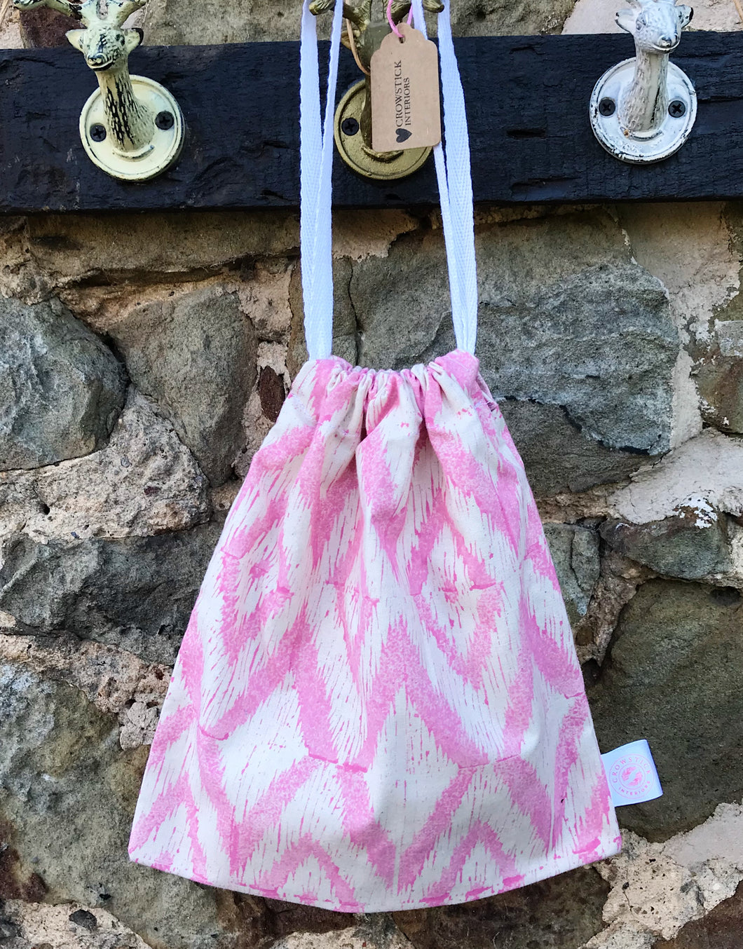 Hand Block Printed, Pink Drawstring Bag - Small