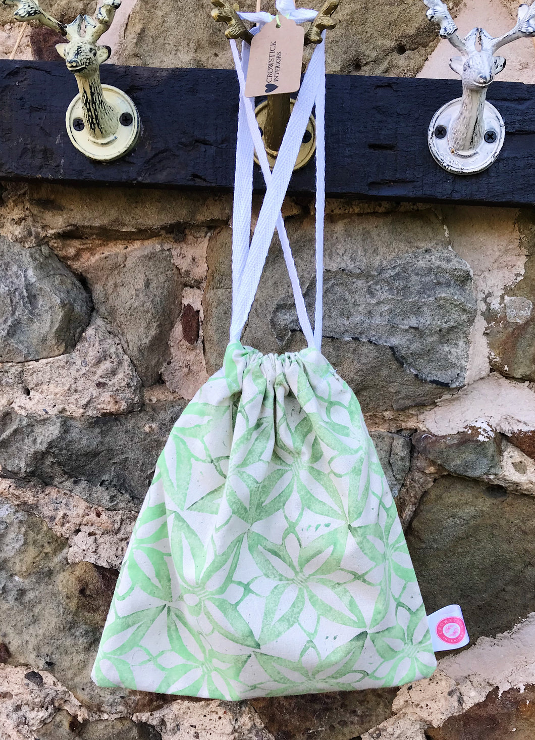 Hand Block Printed, Green Drawstring Bag - Small