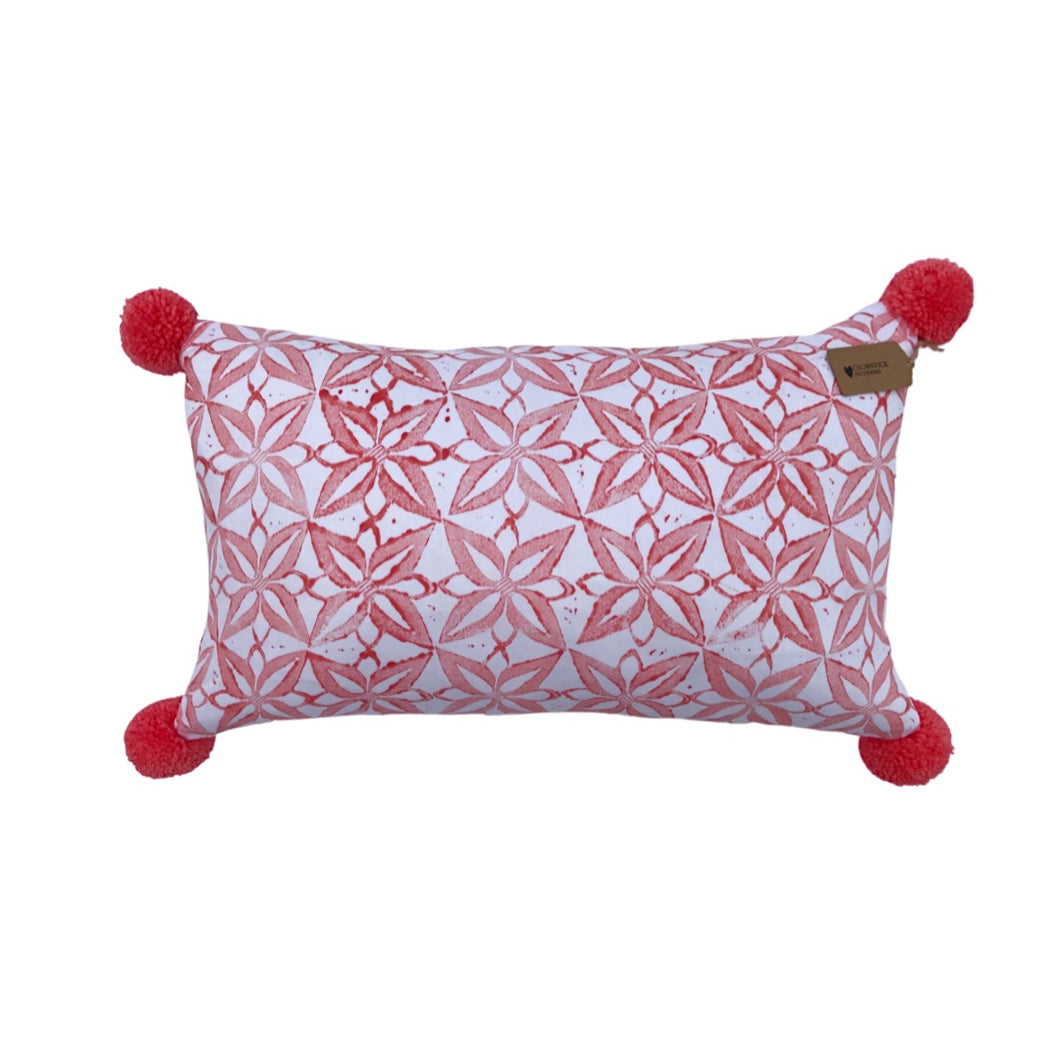 Hand block Printed Pom Pom Coral Red - 50 x 30cm Lumbar Cushion